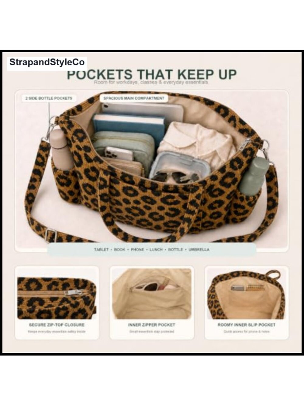 Corduroy Tote Bag Multi-Pocket Leopard Print 15 inch Laptop - Picture 3 of 5